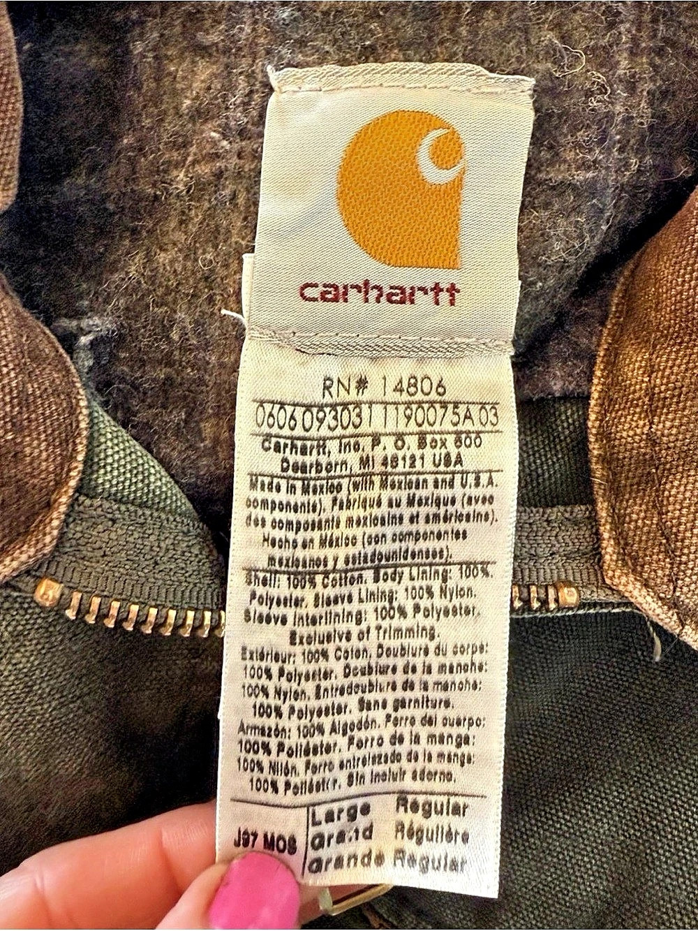 Carhartt J97 MOS Detroit Jacket Men's Plaid-Lined Green & Brown - Picture 3 of 3